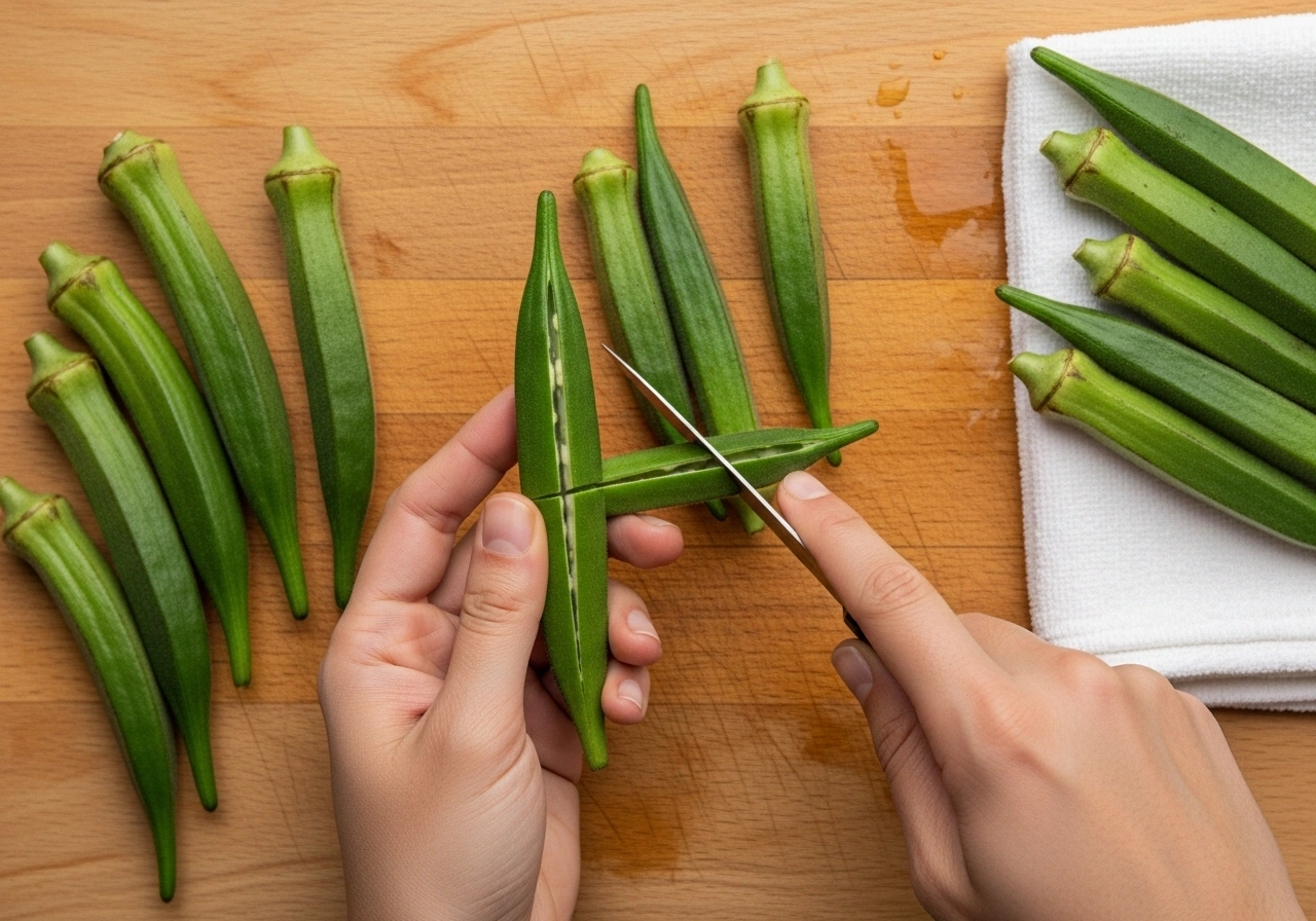 Prepare bhindi Wash and pat dry bhindi completely (moisture causes stickiness). Slit each bhindi lengthwise without cutting through.