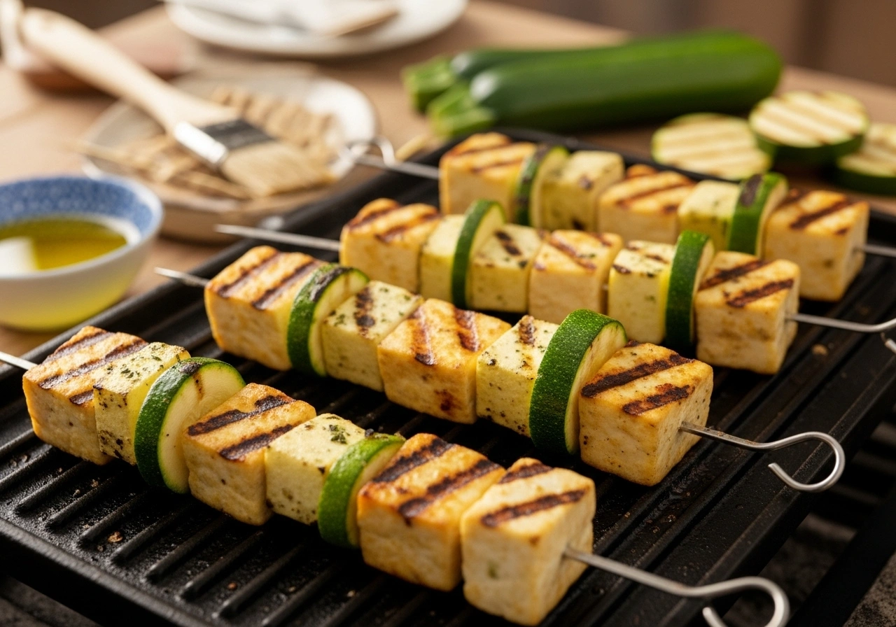  Skewer & Grill Thread paneer and zucchini alternately on skewers. Heat a grill pan, oven (200°C), or outdoor grill. Brush lightly with oil. Grill the skewers for 12–15 minutes, turning occasionally, until paneer is golden and zucchini has light char marks.