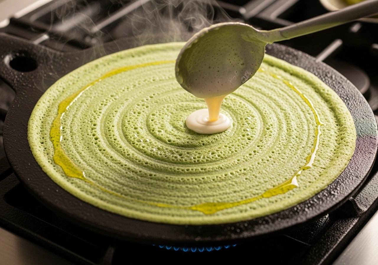 Cook Pesarattu Heat a tava (flat skillet) over medium heat. Grease lightly with oil. Adjust batter consistency if needed—thin but not watery. Pour 1–2 ladles of batter in the center and spread in concentric circles to form a thin dosa. Drizzle ~1 teaspoon oil or ghee around the edges and over the surface. Cook until edges turn golden brown. Flip and cook the other side for 10–20 seconds.