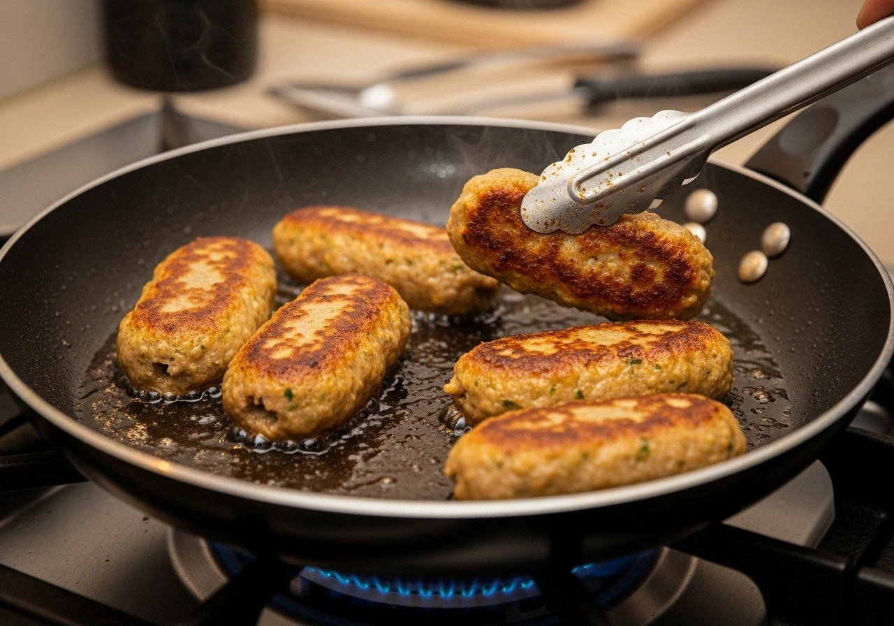 Cook the Kababs Heat 1–2 tbsp oil in a non-stick pan. Place kababs and shallow fry on medium heat until golden brown on both sides. Alternatively, you can air-fry at 180°C for 12–15 minutes, brushing lightly with oil.