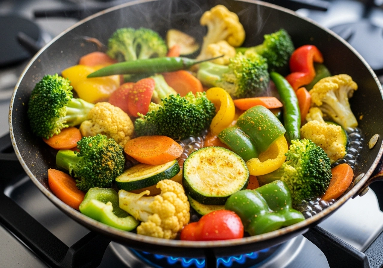 Cook vegetables In a heavy-bottom pan, add vegetables, green chillies, turmeric, salt, and a little water. Cook until vegetables are just tender but not mushy.