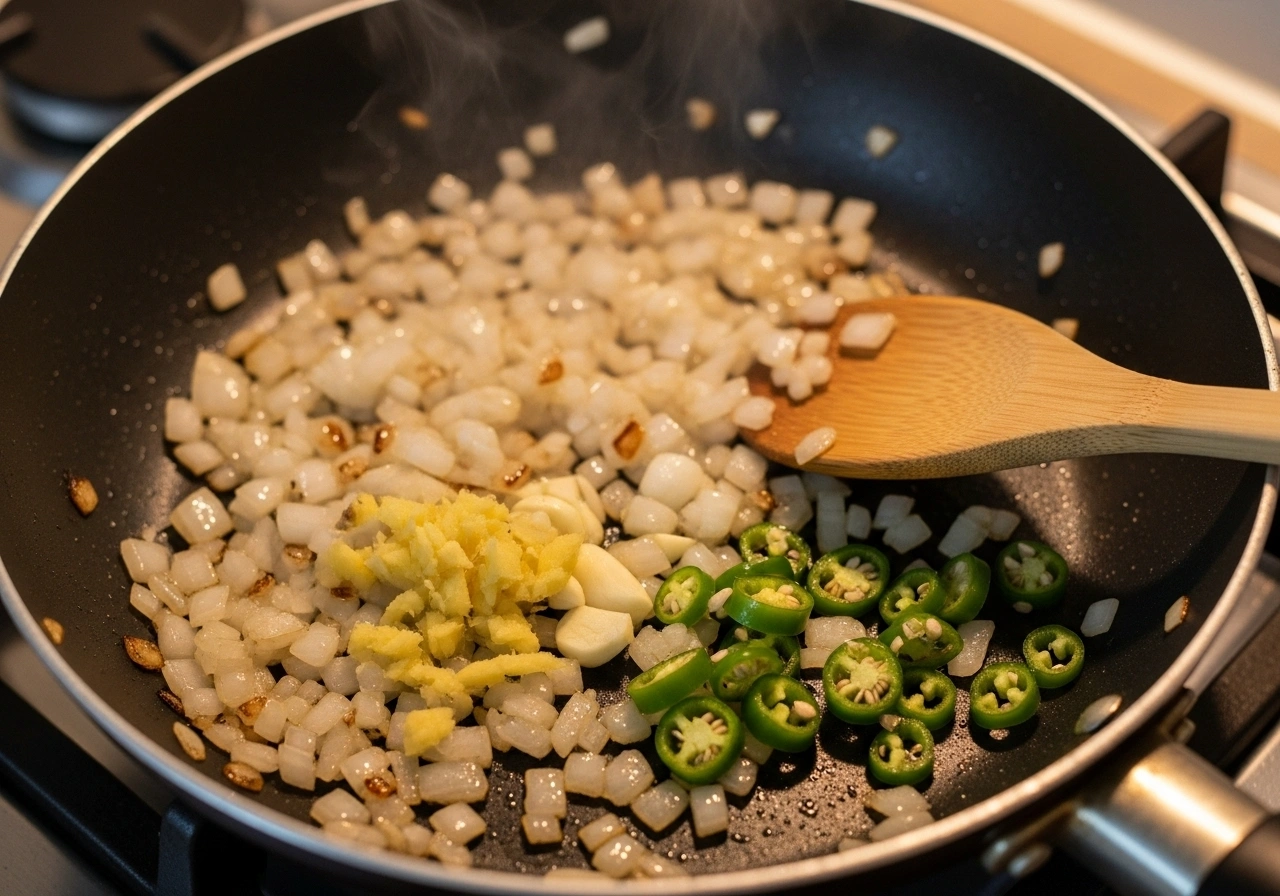 Prepare base In a pan, sauté onions until browned. Add ginger, garlic, and green chilli. Cook for 1–2 minutes.