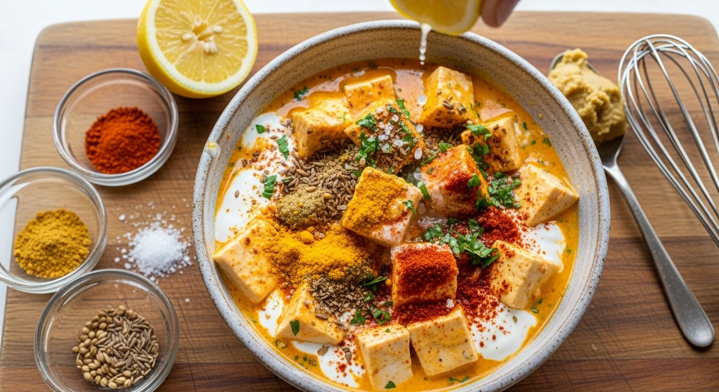 Marinate tofu Mix yogurt, ginger-garlic paste, spices, lemon juice, and salt. Add tofu cubes, coat well, and marinate for at least 30 minutes.