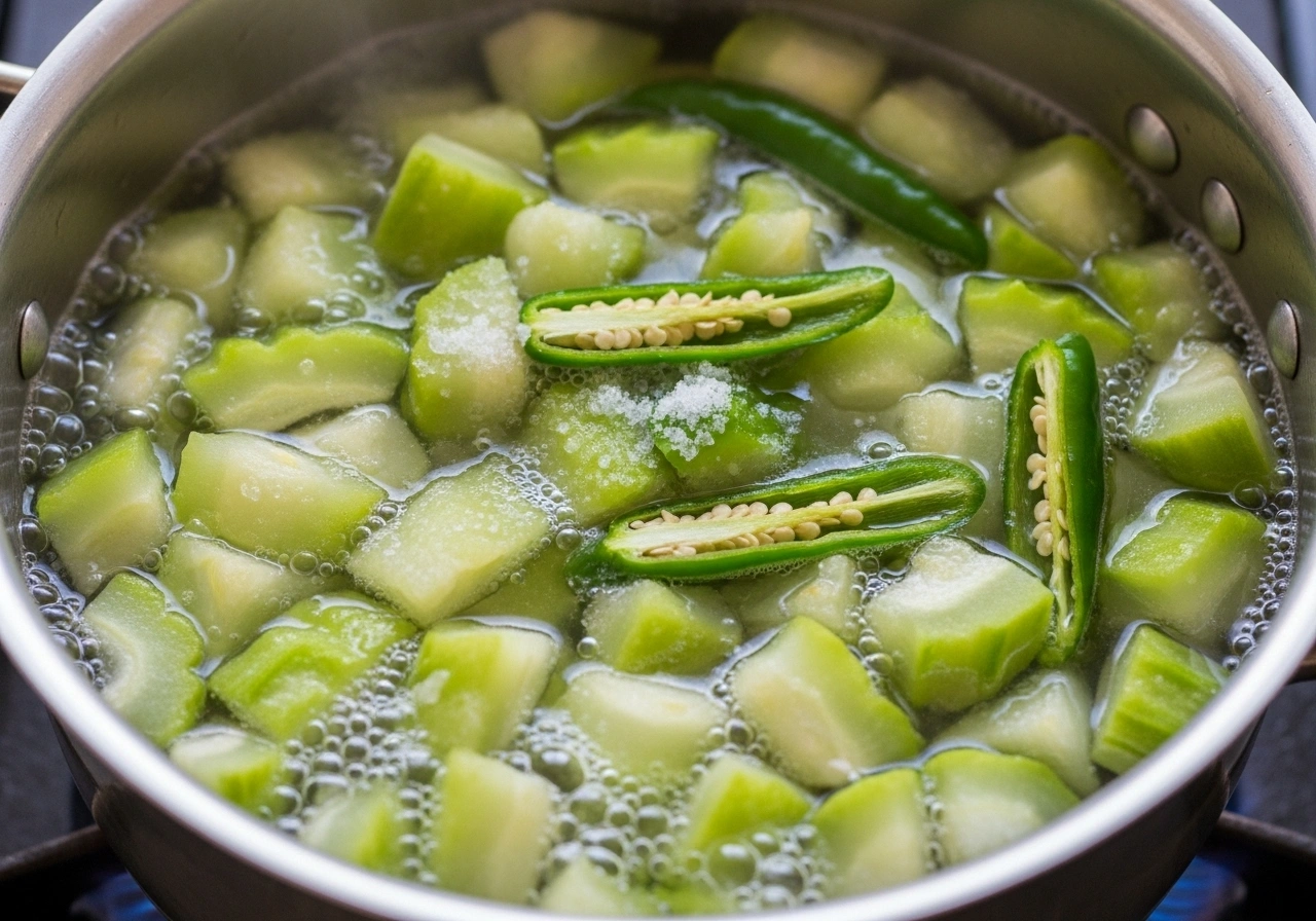 Cook vegetables In a pot, add diced ash gourd, green chillies, salt, and just enough water to cook. Simmer until vegetables turn tender but not mushy.