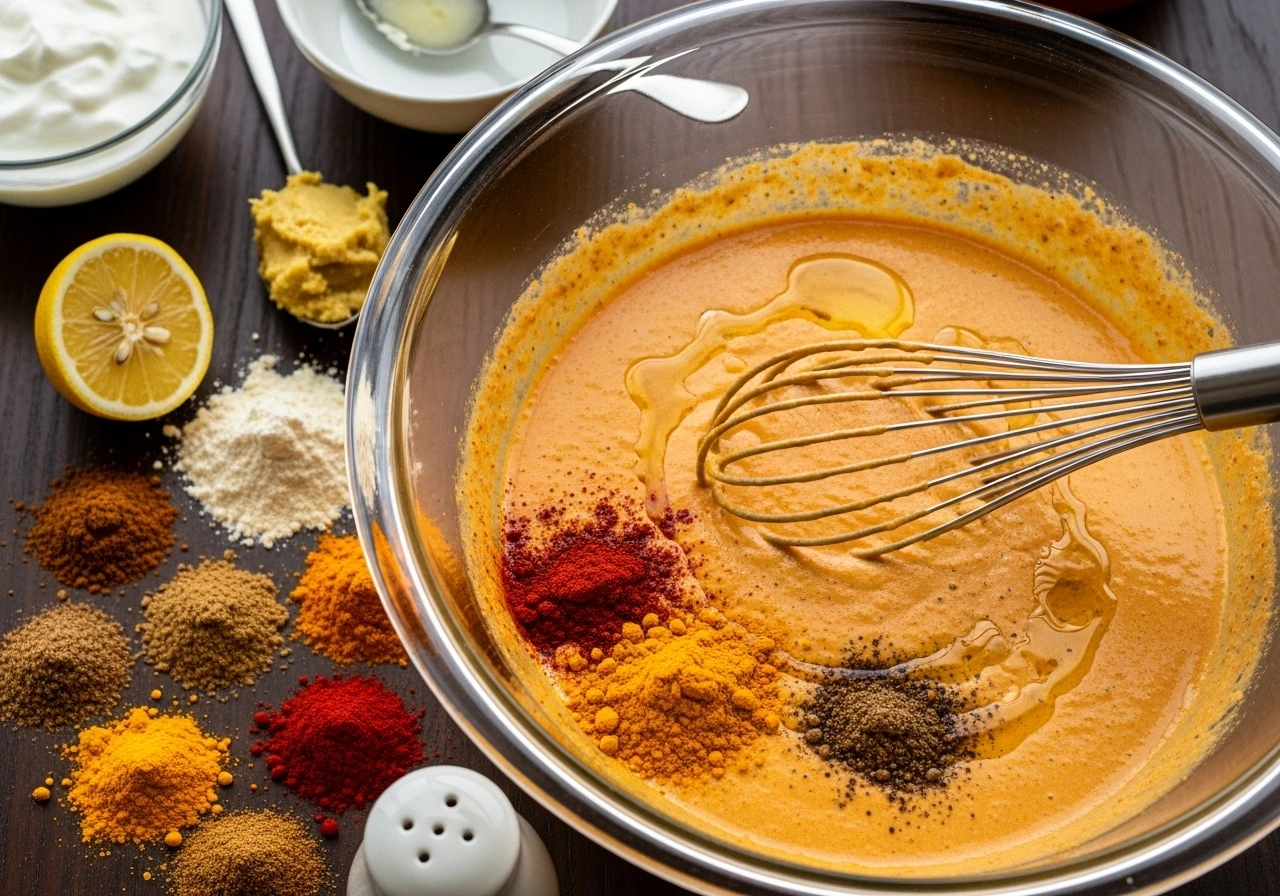 Prepare the Marinade In a large mixing bowl, combine yogurt, ginger-garlic paste, lemon juice, roasted gram flour, cumin powder, coriander powder, turmeric, chili powder, garam masala, and salt. Add 1 tbsp oil and whisk until smooth.