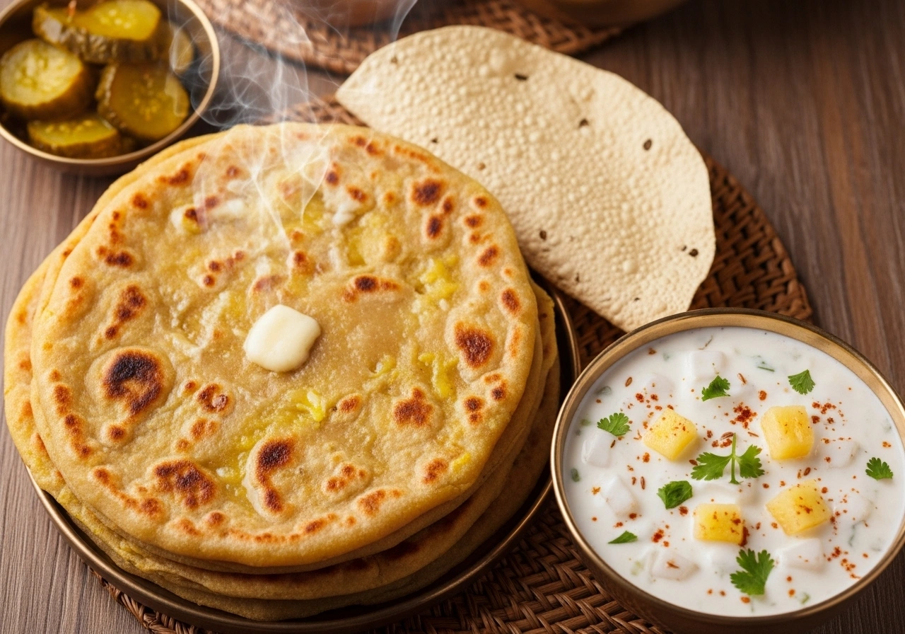 Serve Serve hot Dal Parathas with chilled Pineapple Raita, pickle, and papad.