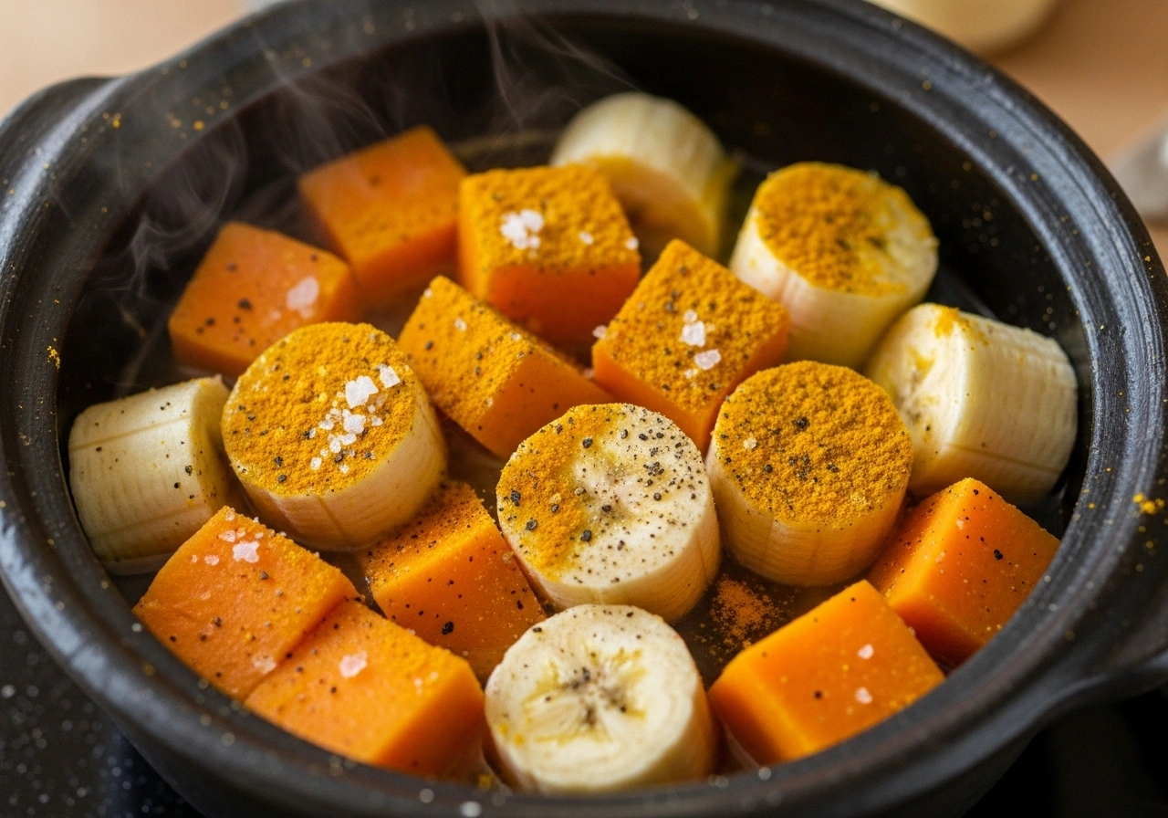 Cook vegetables In a pot, add yam and raw banana with turmeric, pepper, salt, and just enough water. Cook until tender.
