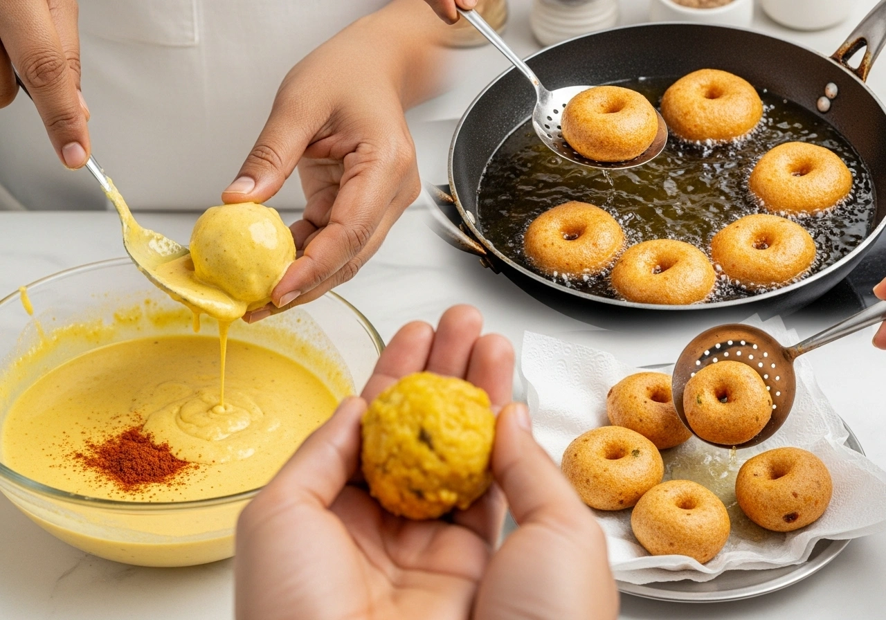 Shape & fry vadas Form lemon-sized balls of the potato mixture. Prepare a thick besan batter with water, turmeric, chilli powder, and salt. Dip each ball, coat evenly, and deep-fry until golden. Drain on tissue paper.
