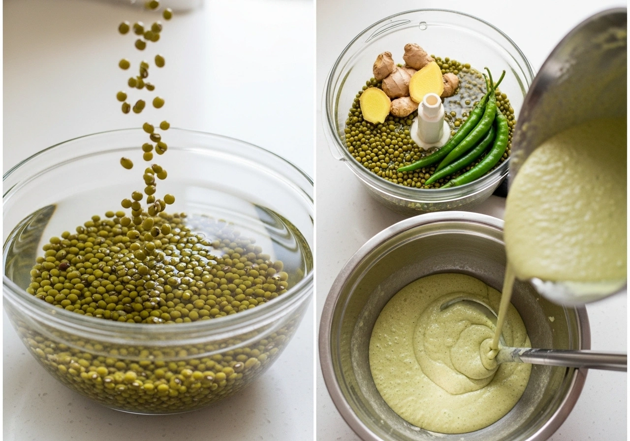 Soak & Grind Wash and soak moong beans in plenty of water for 5–6 hours or overnight. Drain and transfer to a blender. Add ginger and green chilies. Blend to a smooth, slightly thick batter using about ½ cup water. Batter should be thicker than dosa batter but pourable.