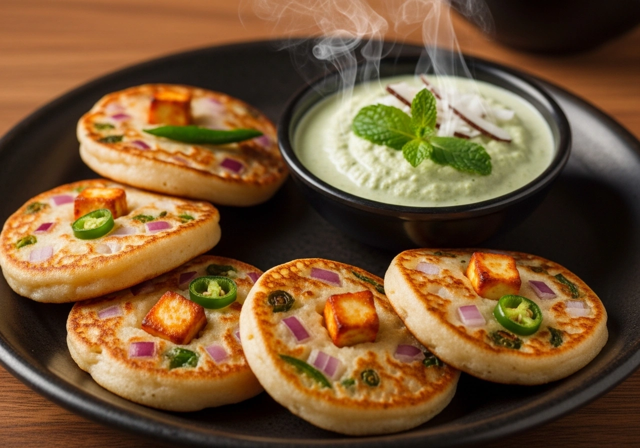 Serve Serve hot mini paneer uttapams with coconut pudina chutney.