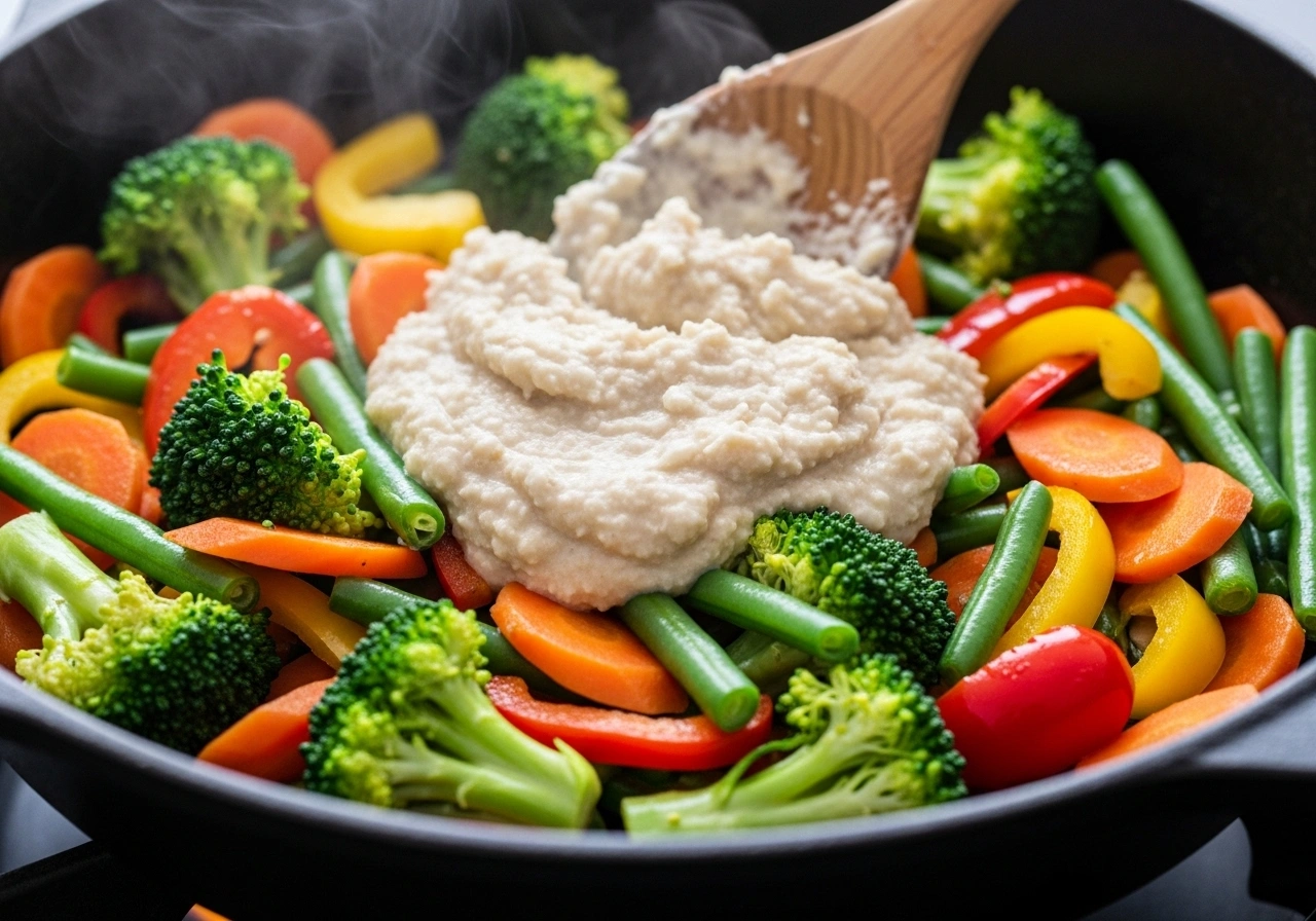 Add coconut paste Mix the coconut paste with the cooked vegetables. Cook on low flame for 5 minutes, stirring gently so vegetables don’t break.