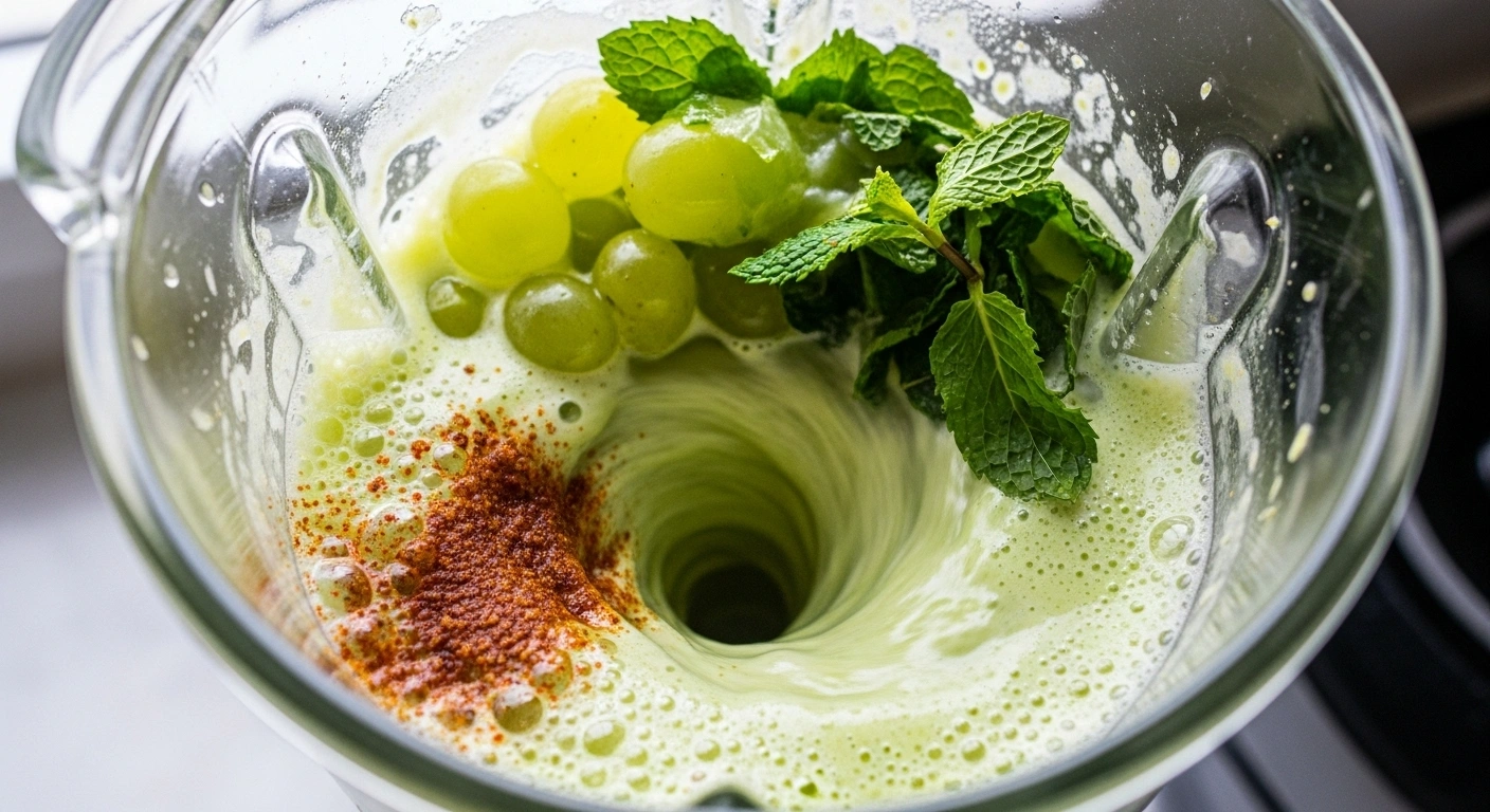 Add grapes, lime juice, mint leaves, and chaat masala to a blender.