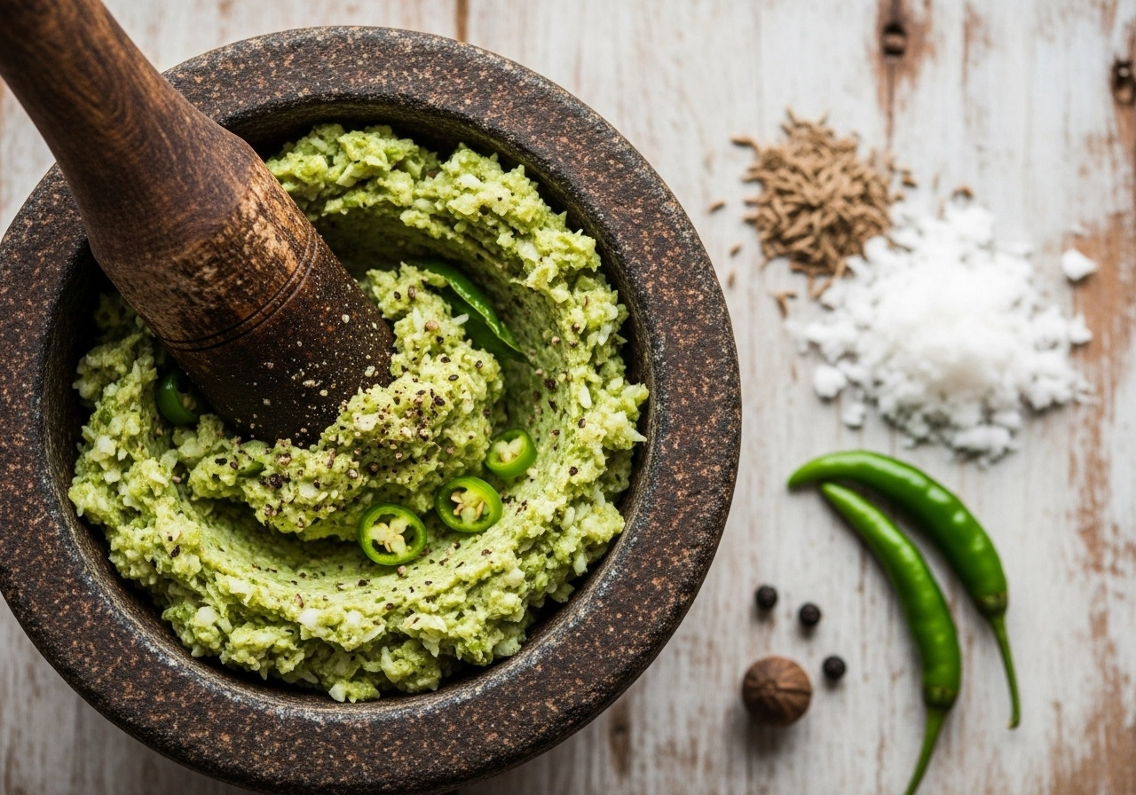 Prepare coconut paste Grind grated coconut, cumin, black pepper, and green chillies into a coarse paste (not too smooth).