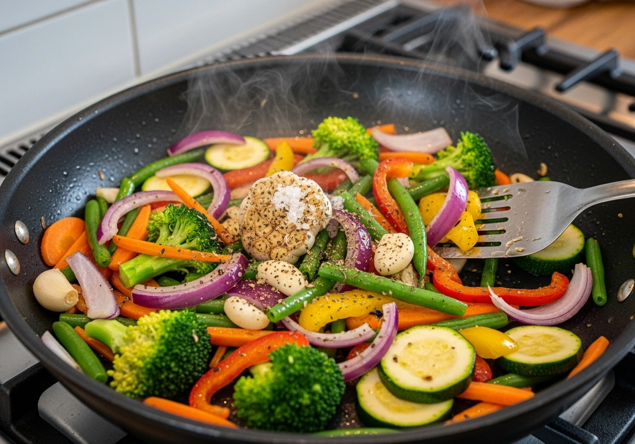Sauté veggies Heat olive oil in a pan. Add garlic and onions, sauté until fragrant. Add harder vegetables (carrots, beans, broccoli) first, stir-fry for 2 minutes. Then add bell peppers and zucchini. Cook for another 2–3 minutes, keeping them crunchy. Season with salt, pepper, and herbs.