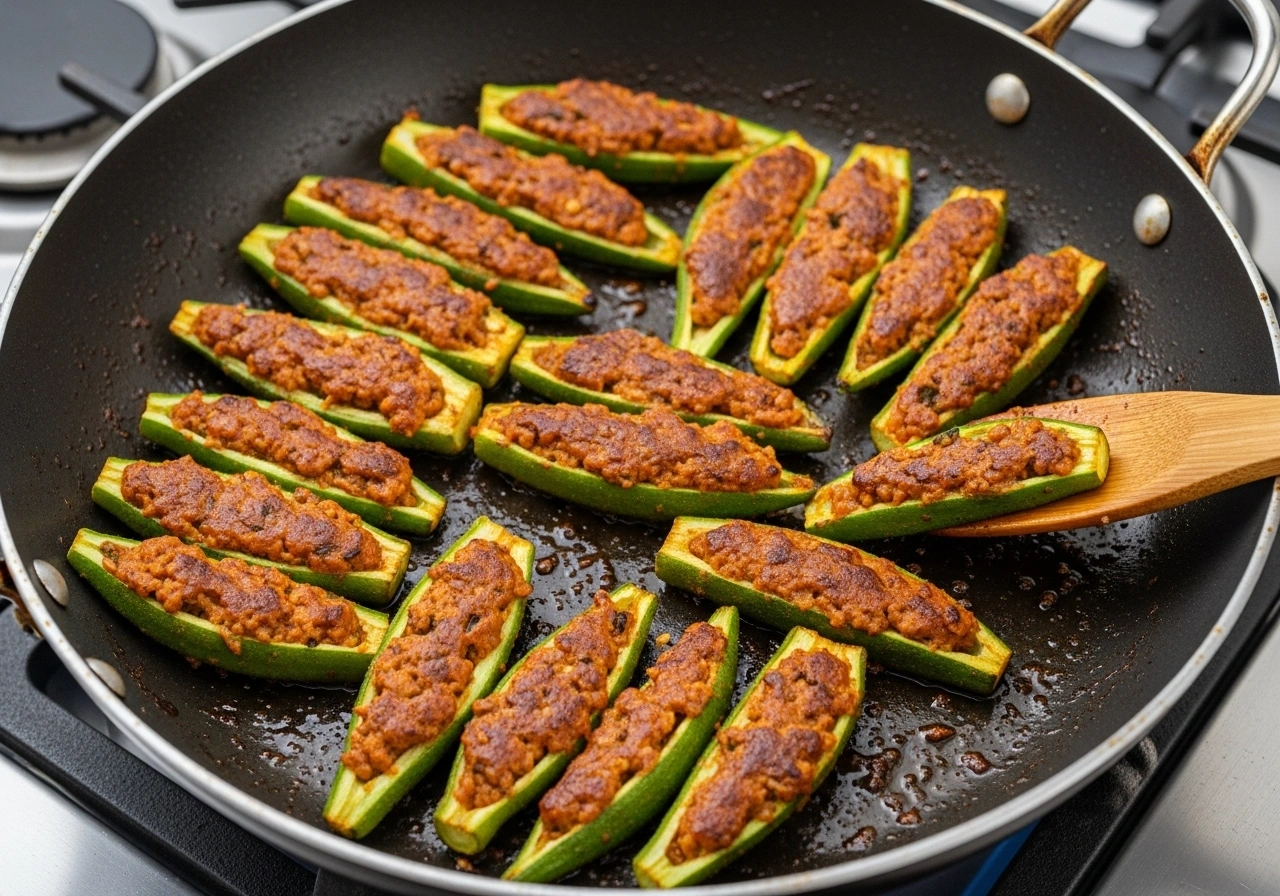 Cook bhindi Heat 3 tbsp oil in a wide pan. Arrange stuffed bhindis in a single layer. Cook on medium flame, turning gently every few minutes until bhindi is tender and slightly crisp (about 15 minutes).