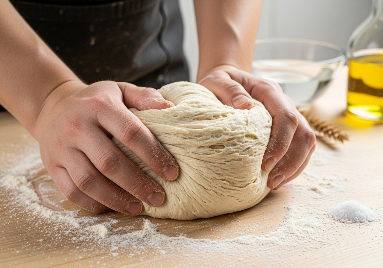 Make Dough Knead wheat flour with 1 tsp oil, salt, and little water into a stiff dough. Rest 20 minutes.