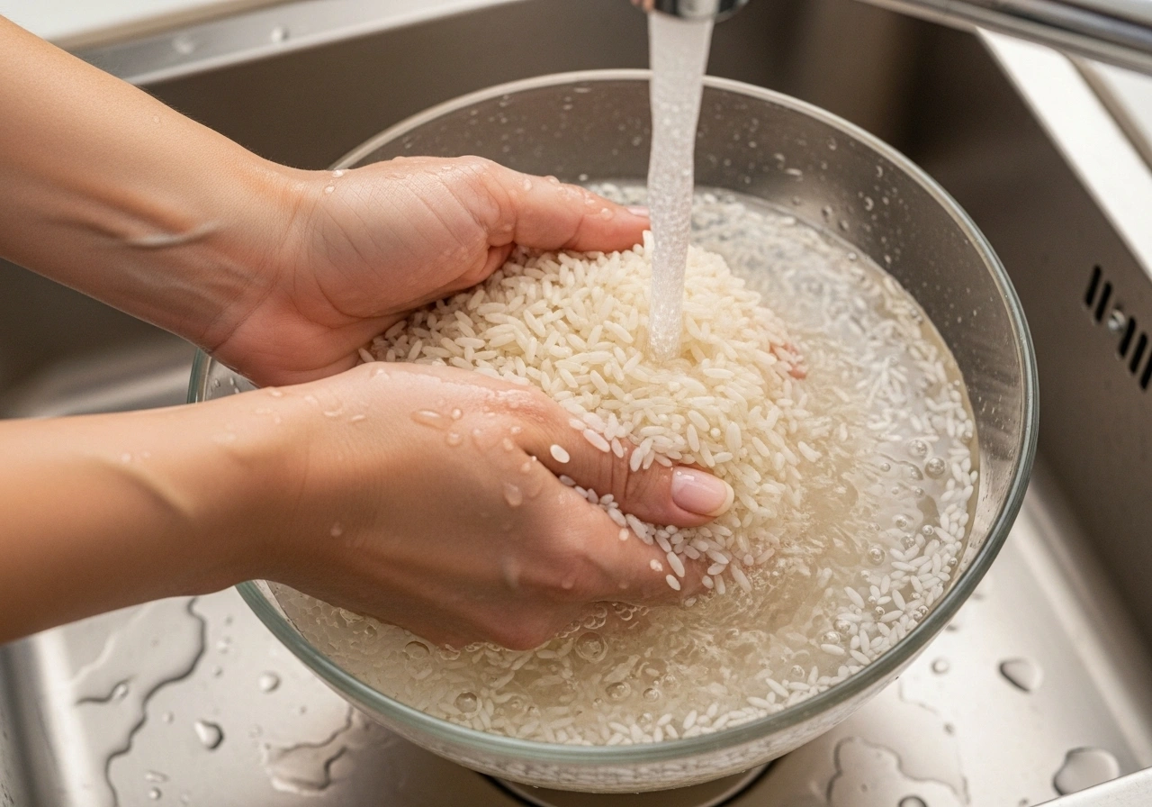 Prep rice Wash basmati rice 2–3 times until water runs clear. Soak for 20 minutes, then drain.