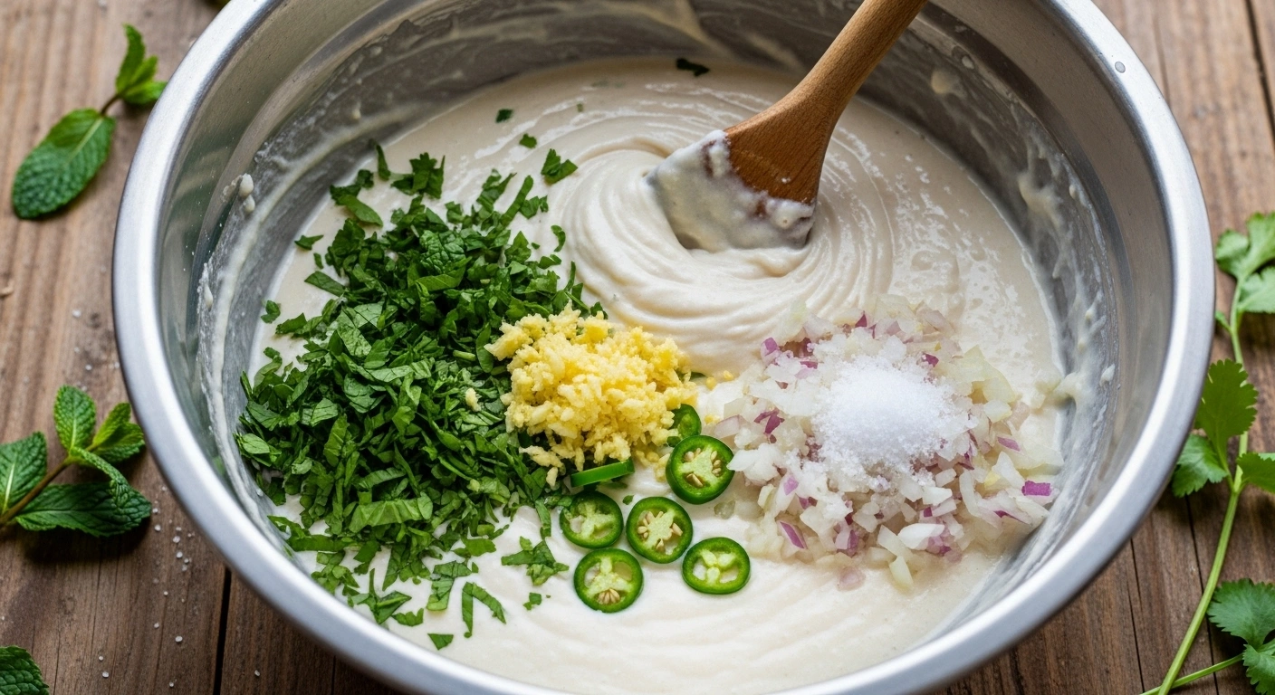 Flavor the Batter Add grated ginger, chopped garlic, green chilies, coriander, and mint to the chilled batter. Mix well. Just before frying, add onions and salt. Mix thoroughly.
