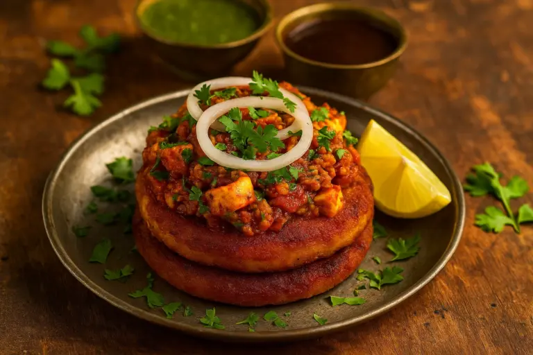 A hearty North Indian street-style plate of Aloo Tikki Paneer Bhaji.