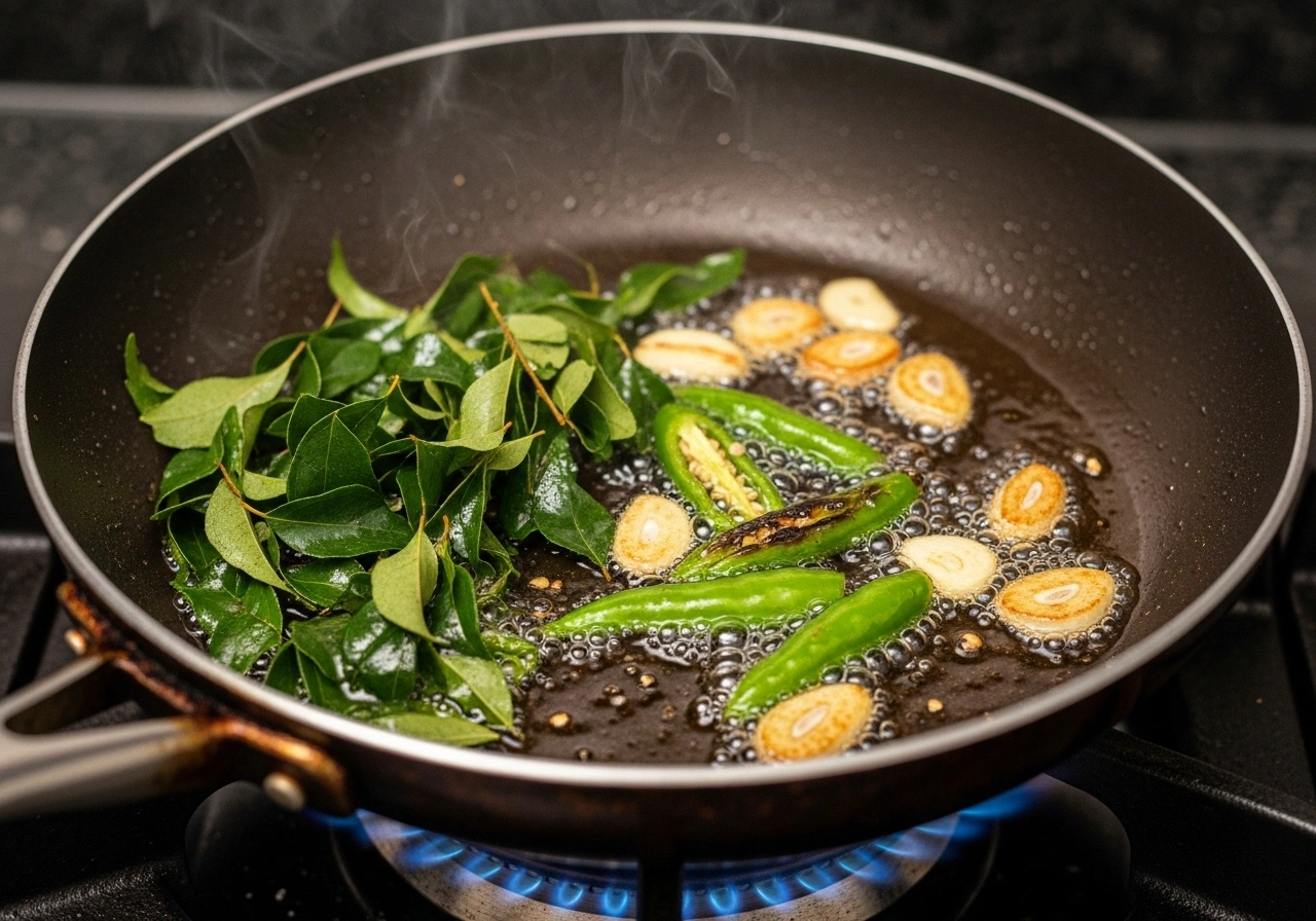 Temper spices Heat 2 tbsp oil in a pan. Fry curry leaves, green chillies, and garlic until crisp.