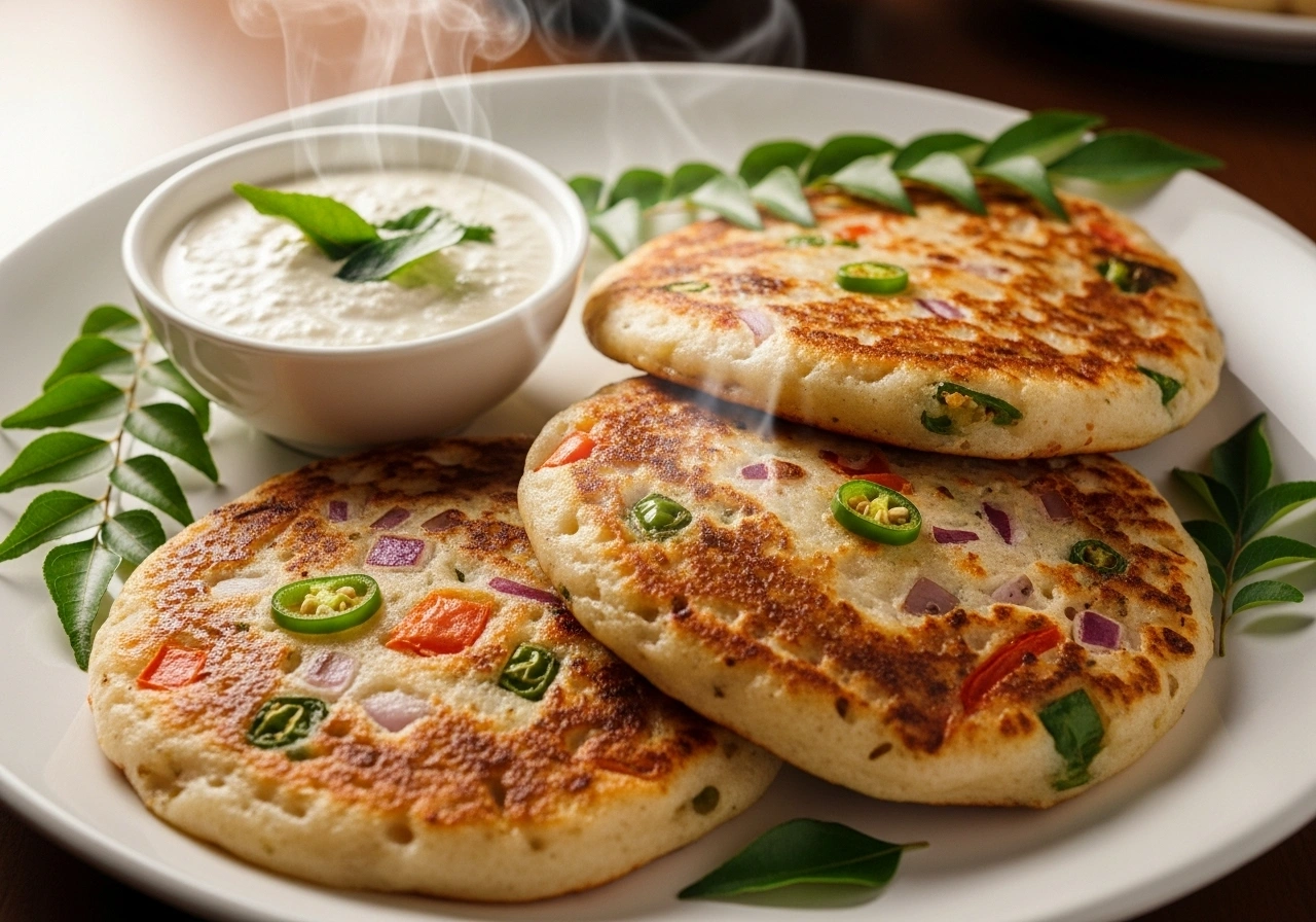 Serve Serve hot uttapams with coconut chutney.