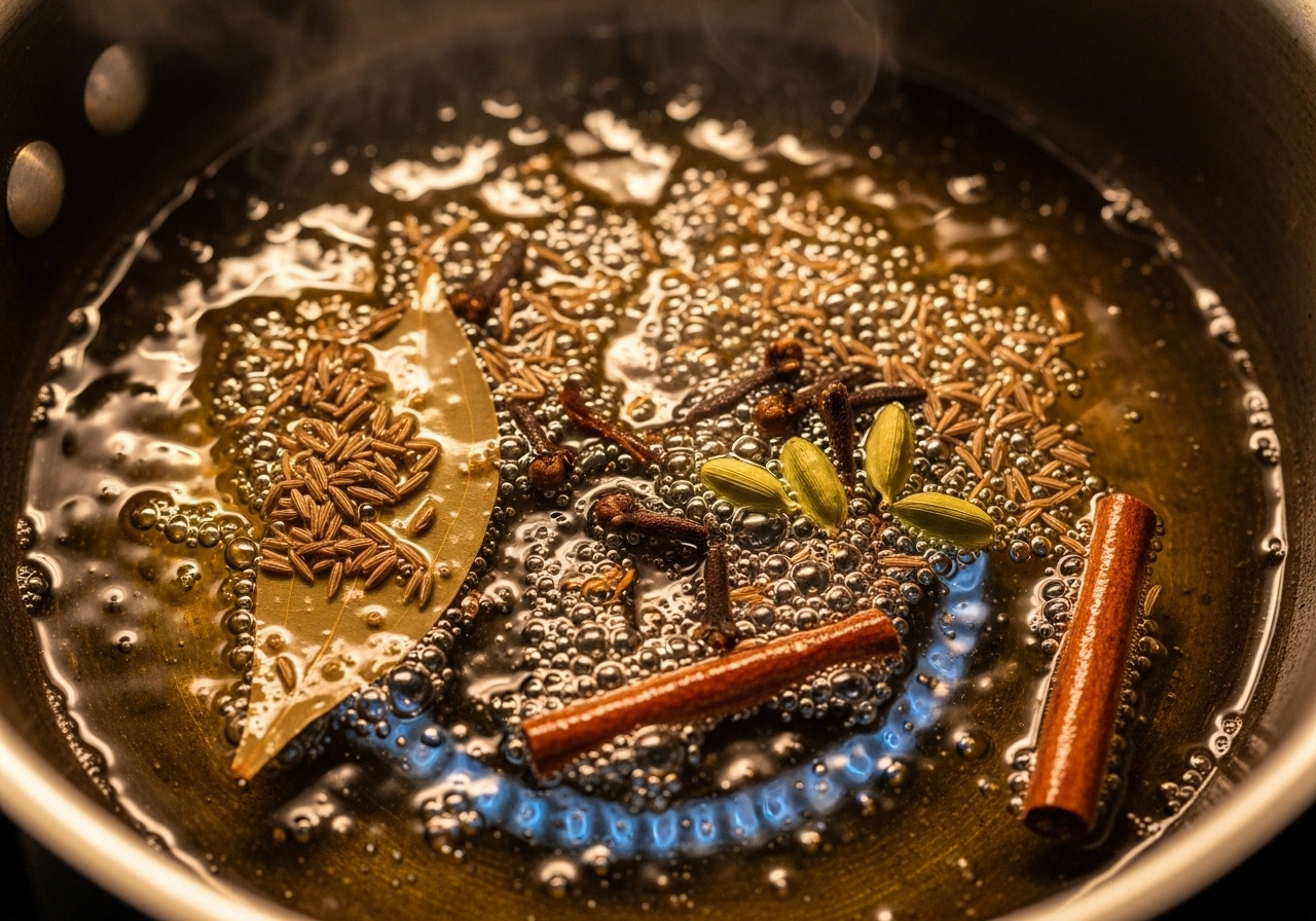 Heat spices Heat ghee or oil in a heavy pan or pressure cooker. Add cumin, bay leaf, cloves, cardamom, and cinnamon. Sauté for a few seconds until aromatic.