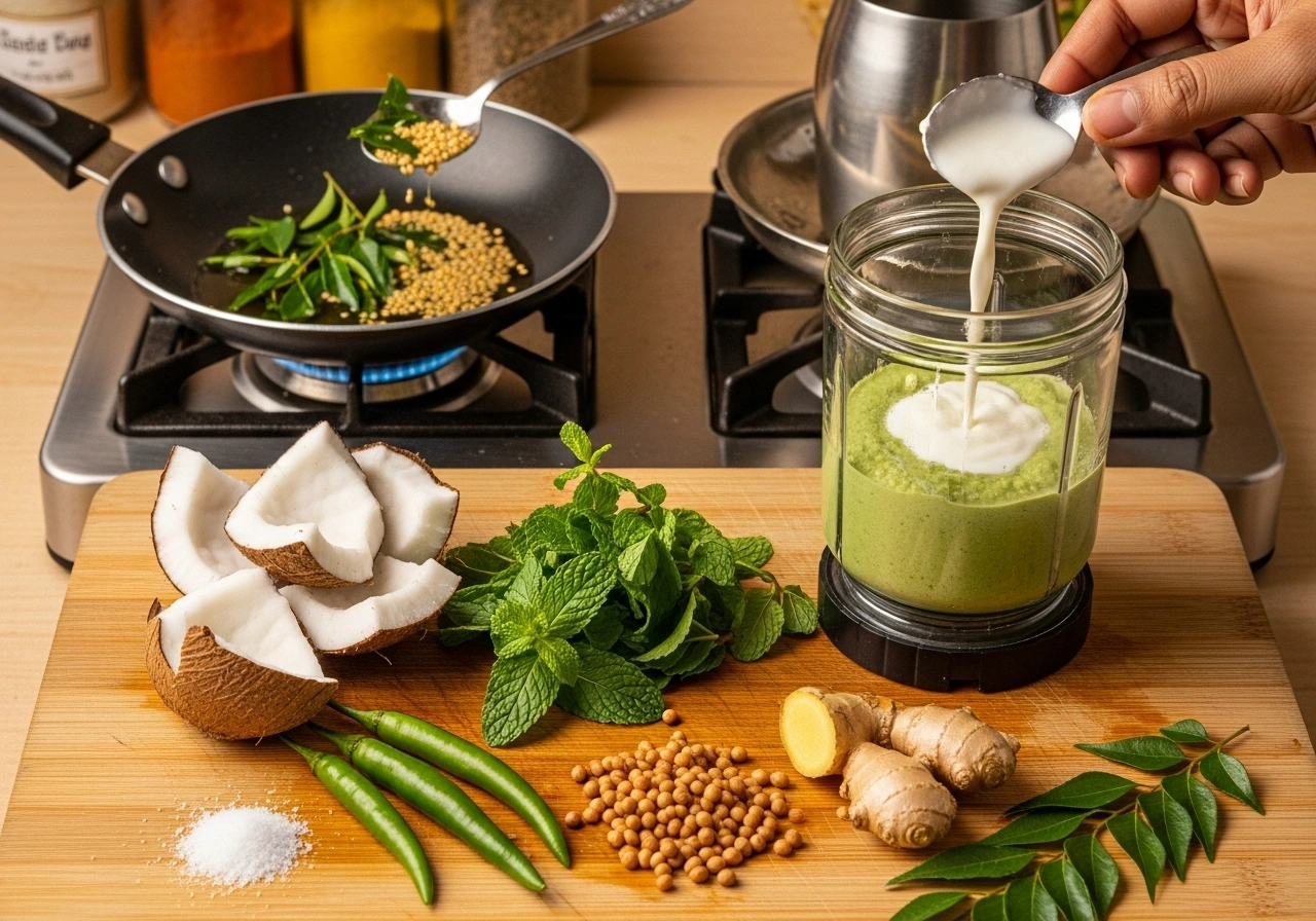 Prepare chutney Grind coconut, mint leaves, green chillies, ginger, chana dal, and salt with a little water into a smooth chutney. Add curd if using. Optionally temper with mustard seeds and curry leaves.