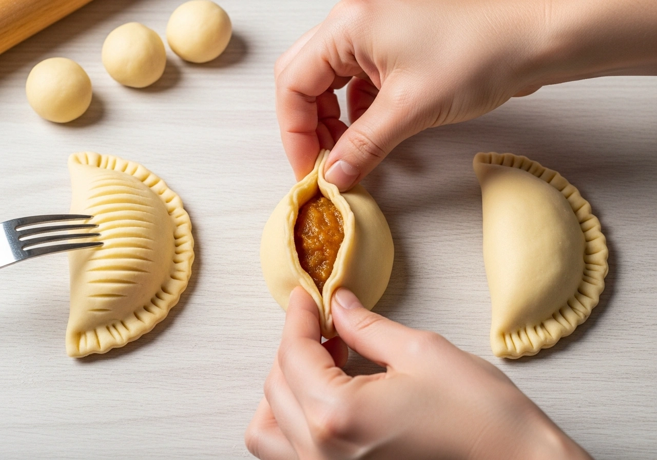 Shape karanji Divide dough into balls. Roll out into small circles. Place 1–2 tbsp filling in the centre. Fold into a half-moon shape, press edges, and seal with fork marks or by pinching decoratively.