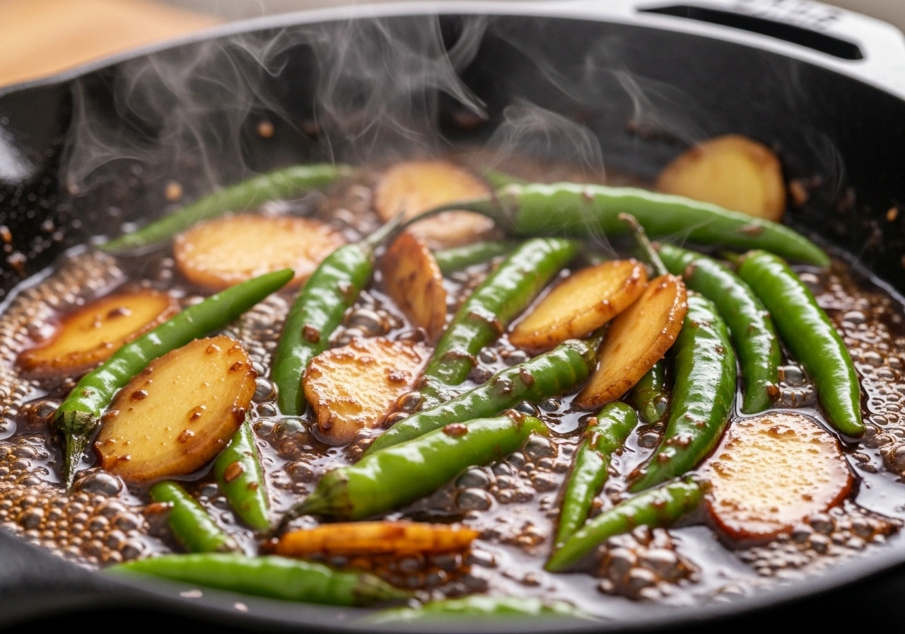 Add ginger & chillies Return fried ginger to the pan along with green chillies. Simmer for 5–7 minutes until thick, glossy, and well blended.