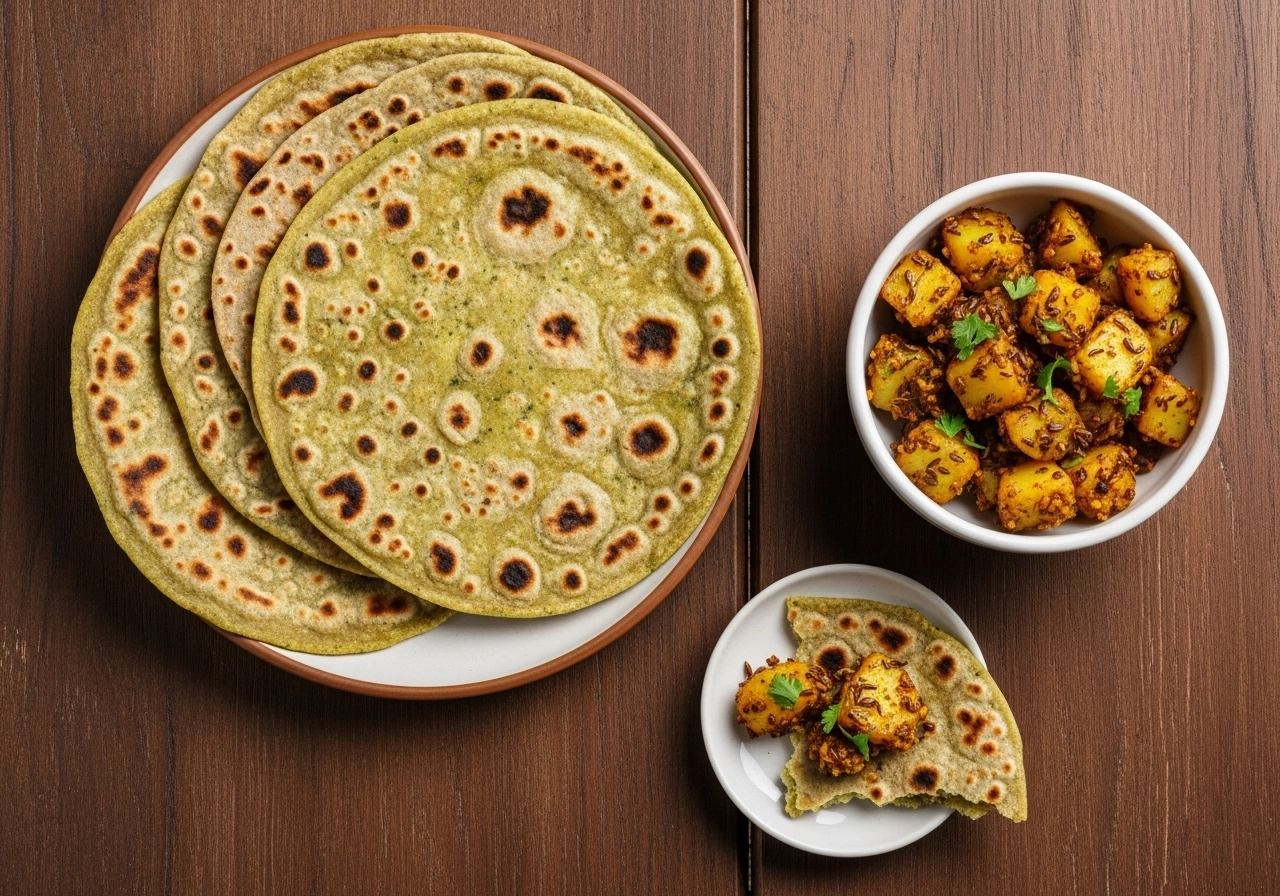 Serve Serve hot Palak Chapatis with Jeera Aloo, pickle, and curd on the side.