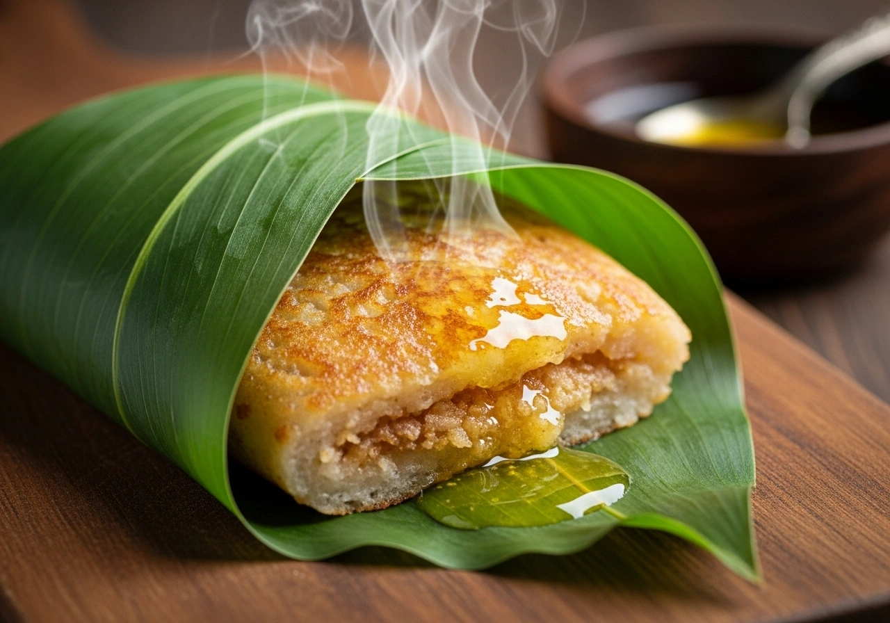 Serve Peel back the leaf and enjoy the patolya warm, as is or with ghee.
