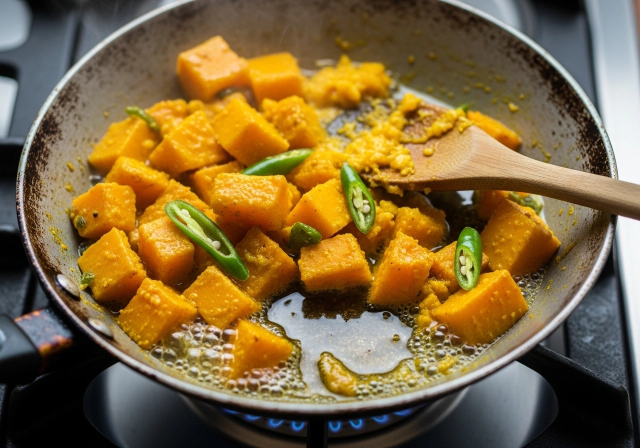 Cook pumpkin In a pan, cook pumpkin with turmeric, green chillies, salt, and a little water until soft. Mash lightly with the back of a spoon.
