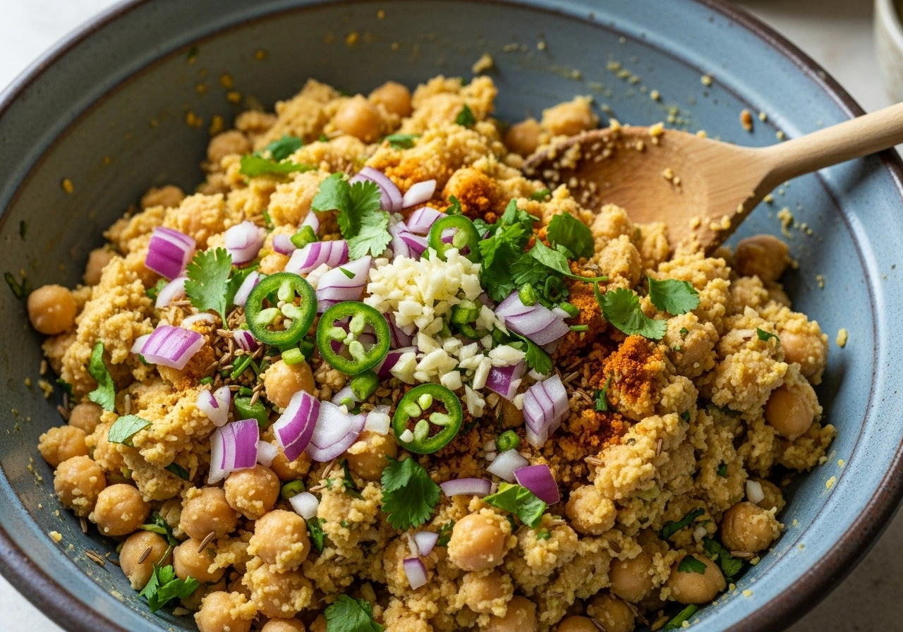 Prepare patty mixture Mash boiled chickpeas in a bowl (leave a few chunks for texture). Add onion, garlic, chilli, coriander leaves, spices, lemon juice, and breadcrumbs. Mix well to form a dough-like mixture.