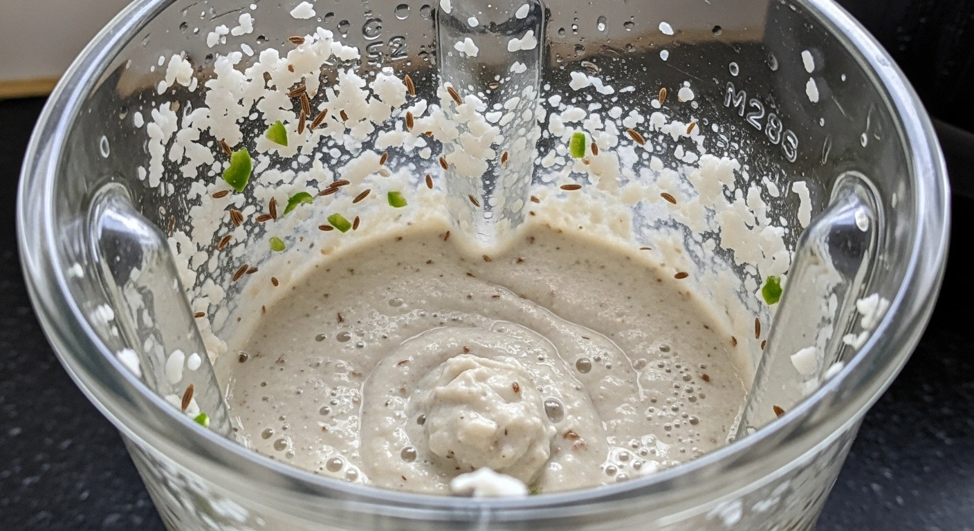 Prepare the Masala Paste In a blender, grind coconut, cumin seeds, and green chilies with ¼ cup water to make a smooth paste.