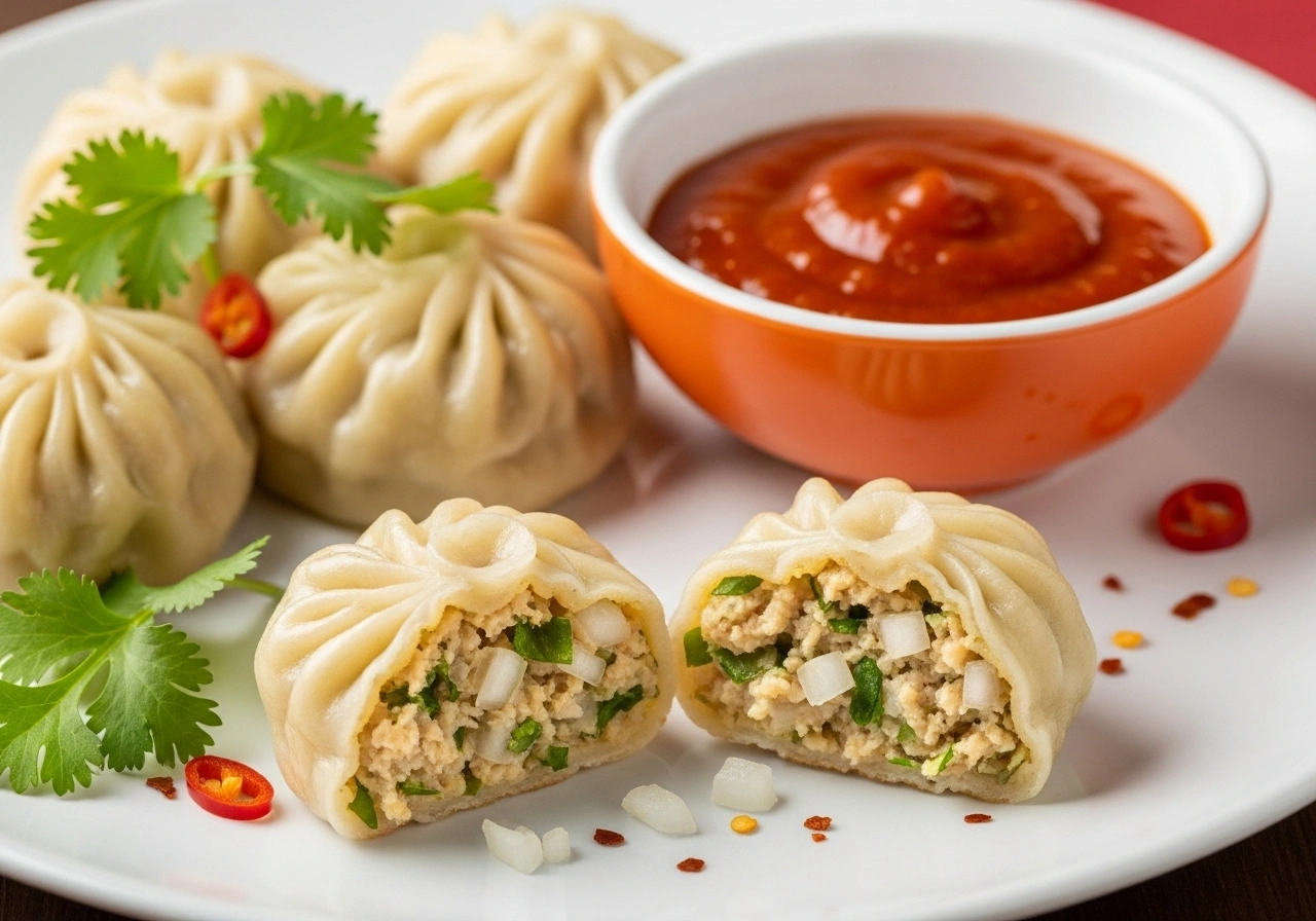 Serve Serve hot prawn momos with spicy momo chutney.