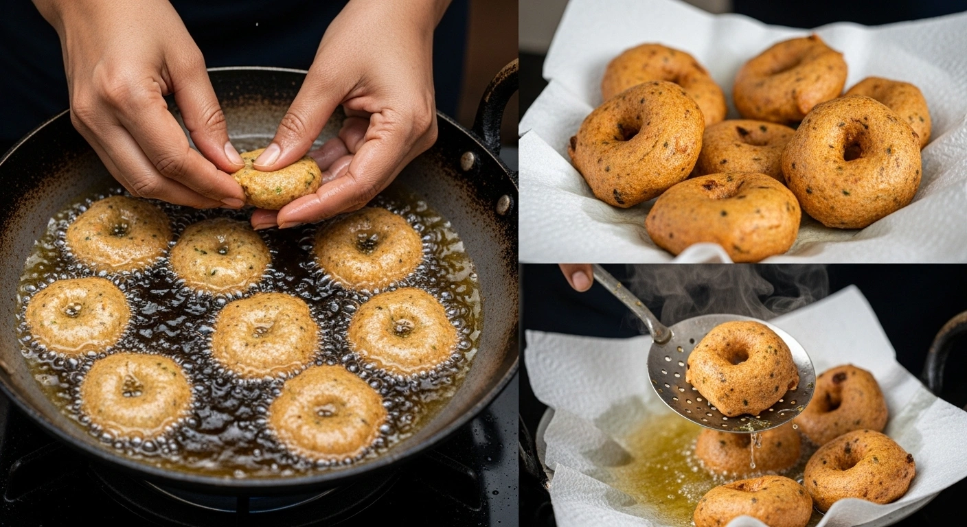 Shape & Fry the Vadai Heat oil in a heavy-bottomed frying pan over medium-high heat. Test the oil temperature by dropping a small ball of batter—if it rises immediately, the oil is ready. Shape small round patties (vadai) with wet hands and gently slide them into the hot oil. Fry until golden brown and crisp on the outside, turning occasionally for even cooking. Drain on paper towels and repeat with remaining batter.