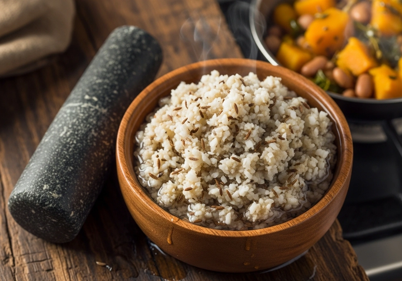 Prepare coconut paste Grind grated coconut and cumin into a coarse paste with a little water. Add this to the cooked pumpkin and simmer gently for 5 minutes. (If using cowpeas, add them at this stage.)