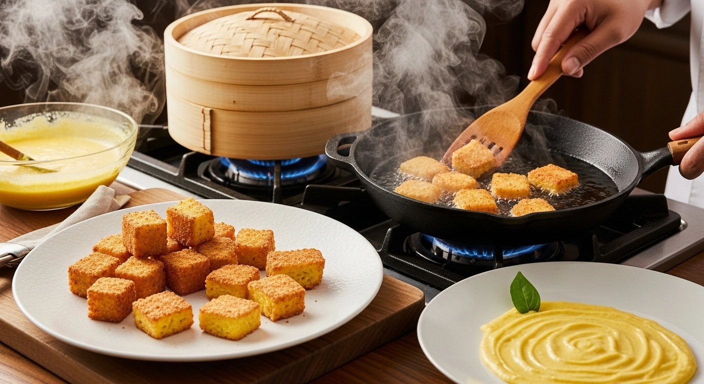 Cut & fry Cut steamed slab into cubes or slices. Shallow-fry in 2 tbsp oil until golden and crisp.