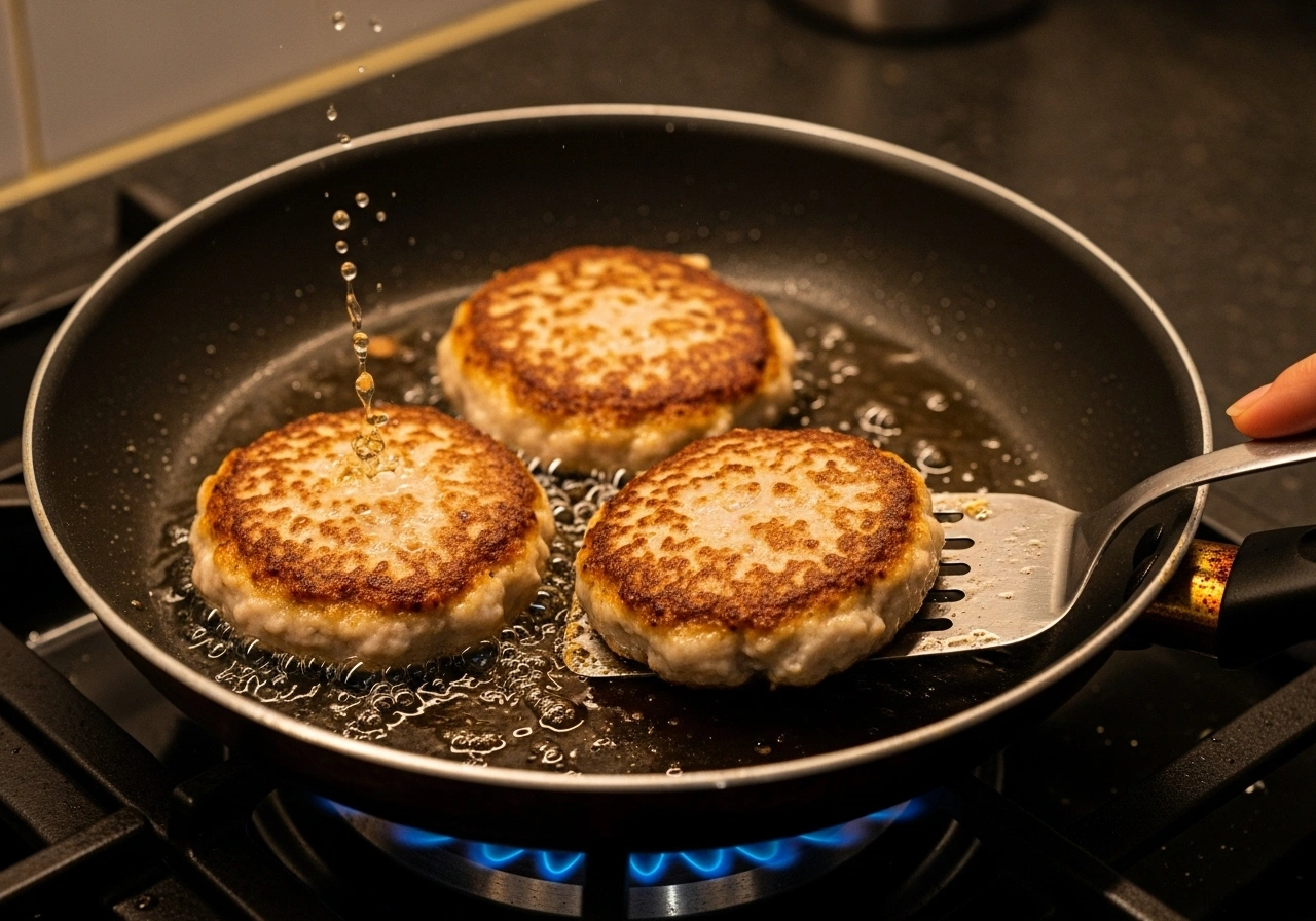 Cook patties Heat oil in a pan and shallow fry patties on medium flame for 3–4 minutes per side until golden brown. (Alternatively, bake at 200°C for 20 minutes, flipping halfway).