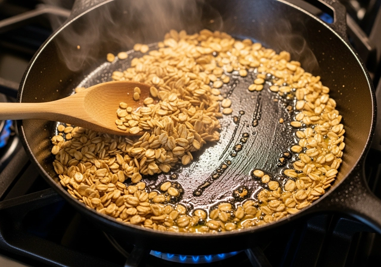 Roast oats Heat ghee in a pan. Lightly roast oats for 2 minutes until aromatic.