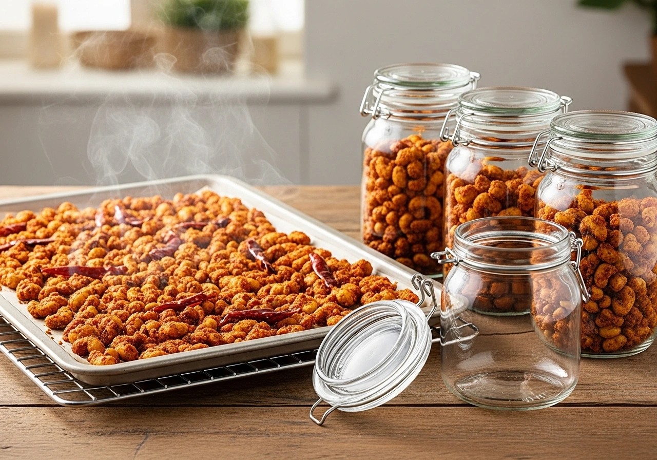 Cool & store Spread nuts on a tray to cool. Store in airtight jars.