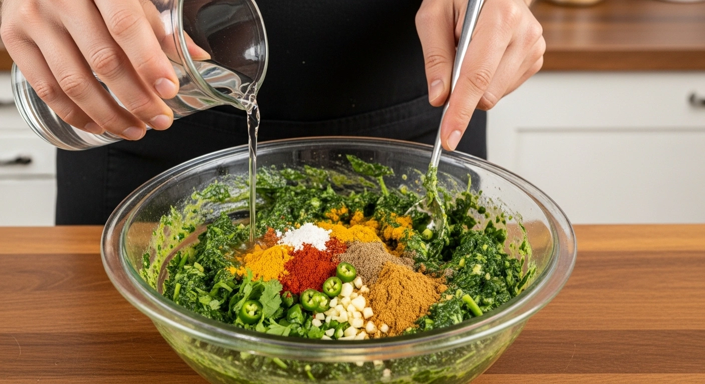 Prepare batter Mix besan, spinach, coriander, chillies, ginger, garlic, turmeric, red chilli, cumin, coriander powder, and salt. Add little water to make a thick batter.