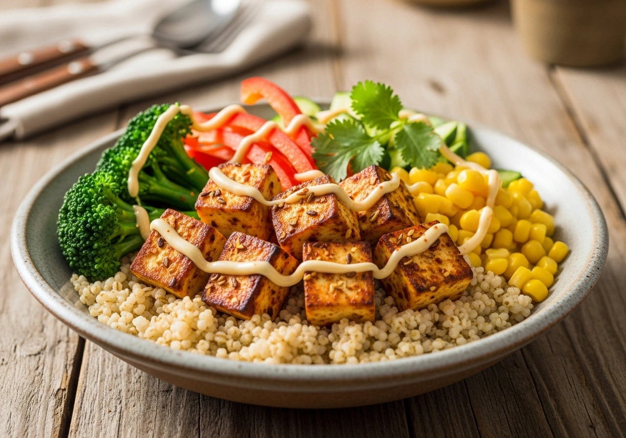 Assemble bowl In a deep bowl, add a base of millet. Top with grilled paneer and arranged veggies. Drizzle dressing or dip.
