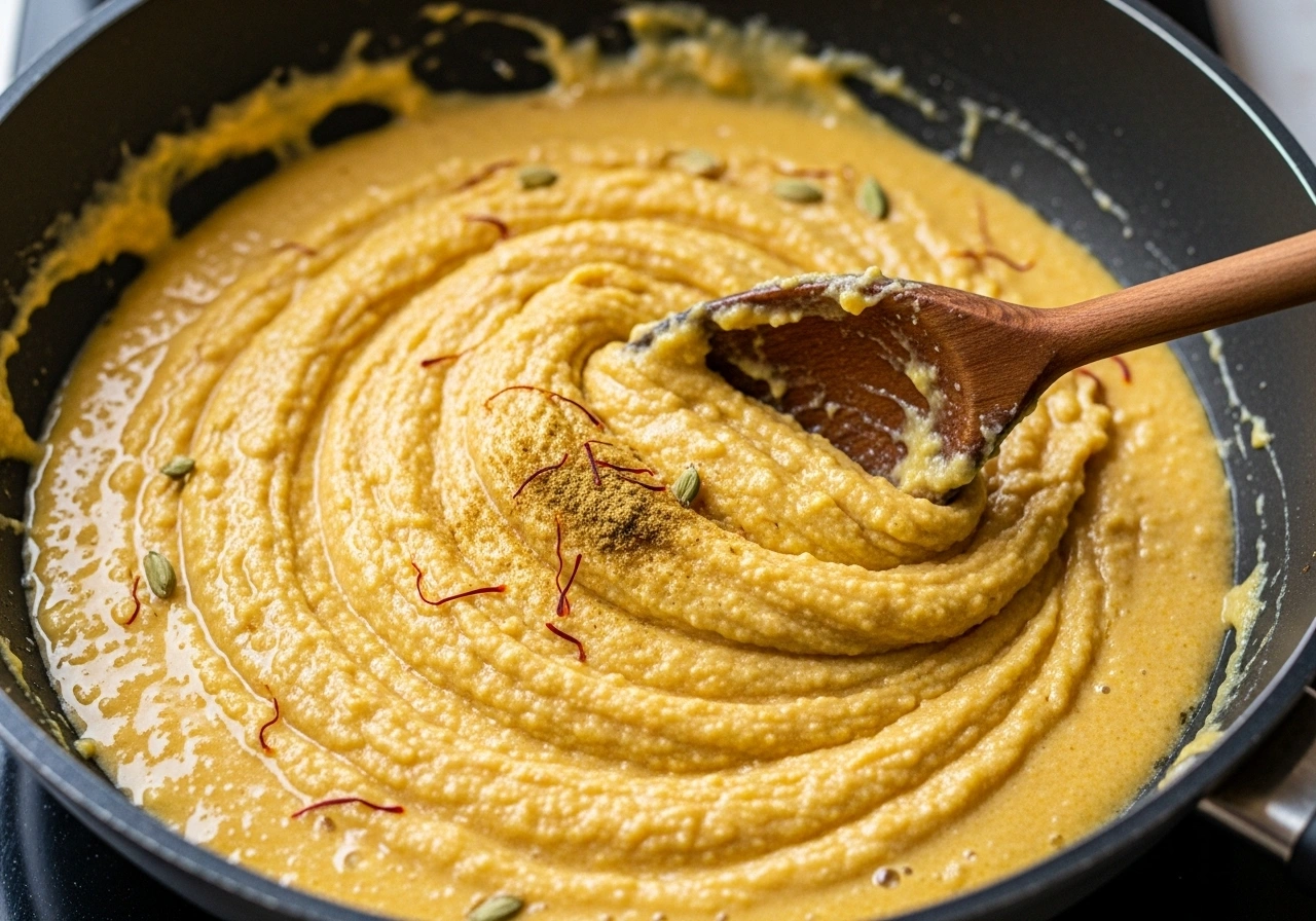 Add flavouring Once mixture thickens slightly, add saffron milk and cardamom powder. Continue to stir until mixture starts leaving sides of the pan and forms a soft mass.