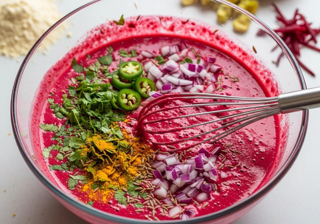Make batter In a bowl, mix besan, grated beetroot, onion, green chilli, ginger, cumin seeds, turmeric, red chilli powder, coriander leaves, and salt. Add water gradually to form a smooth, pourable batter (like pancake batter).