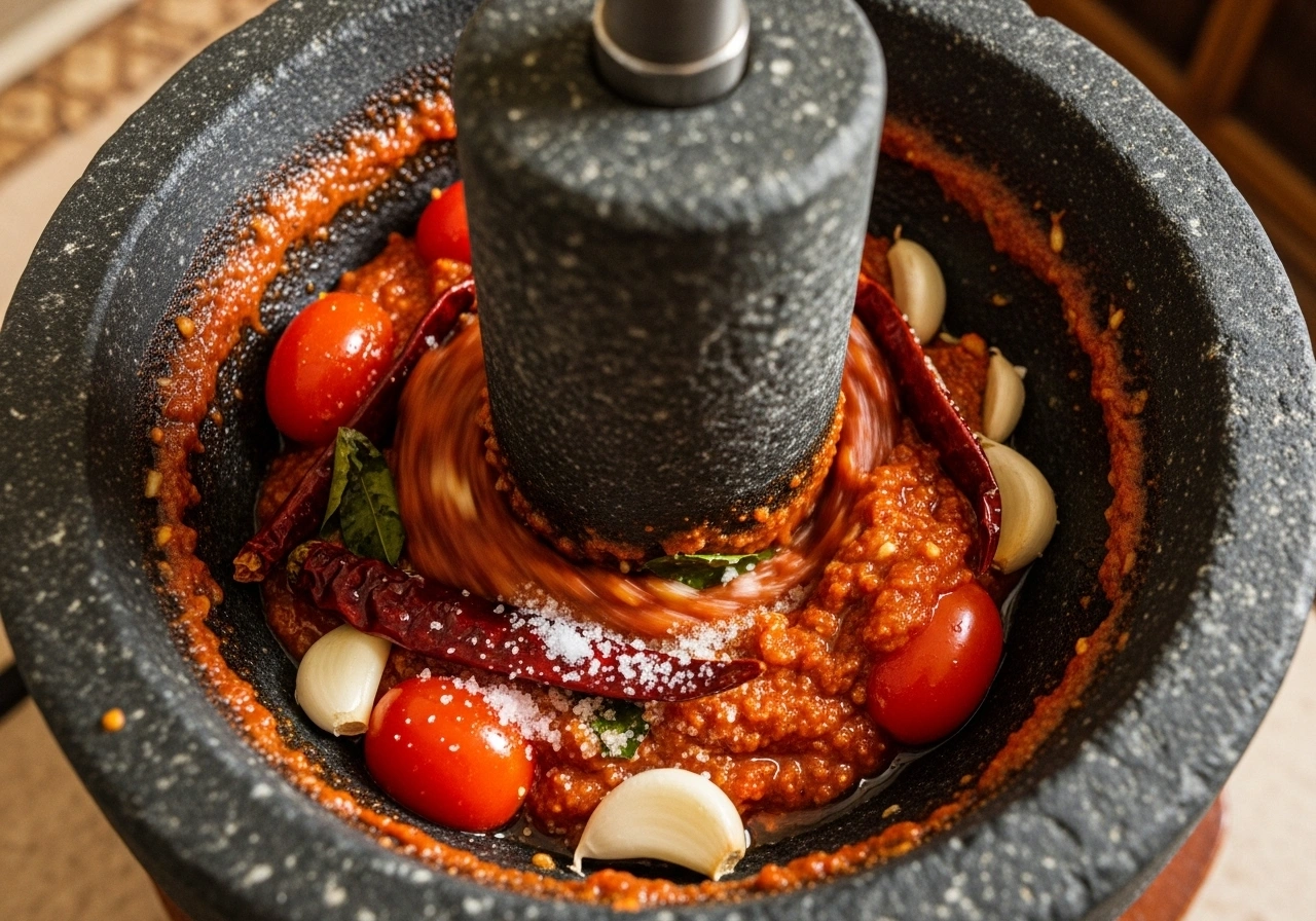 Make chutney Grind soaked red chillies, tomato, garlic, vinegar, and salt into a smooth chutney.