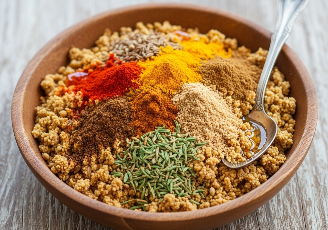 Make stuffing In a bowl, mix besan, coriander powder, cumin powder, red chilli powder, turmeric, garam masala, amchur, fennel powder, salt, and 1 tsp oil. Mix well to form a crumbly masala.