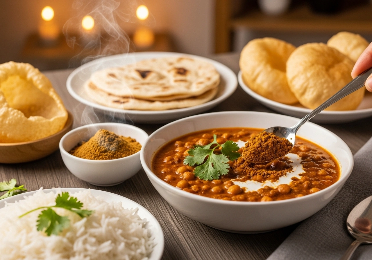 Finish & Serve Stir in garam masala or chole masala. Garnish with coriander leaves. Serve hot with rice, roti, or bhature.