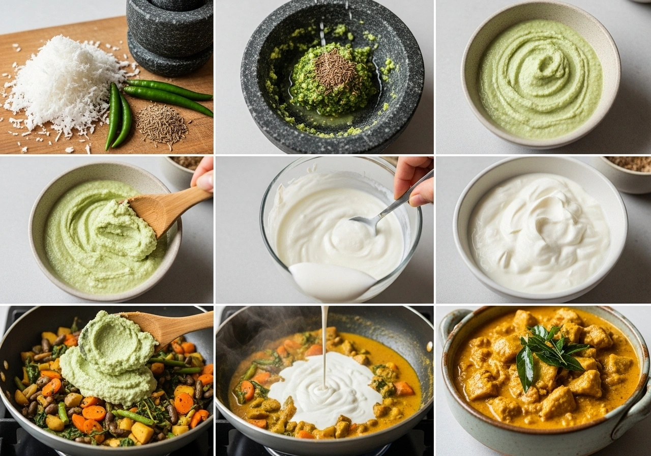 Add yogurt mixture Whisk curd until smooth. Add coconut paste to the cooked vegetables and mix in whisked curd. Cook on low flame, stirring continuously, until the curry thickens (should coat the back of a spoon).