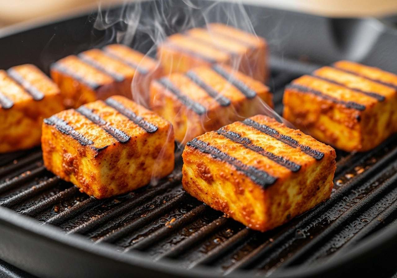 Grill paneer Heat a grill pan/tawa. Grill marinated paneer cubes until golden and slightly charred on all sides. Keep aside